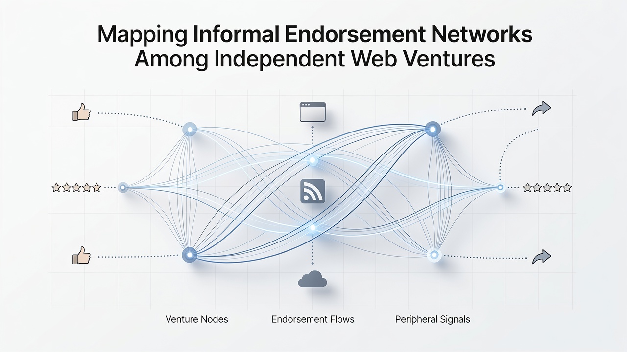 Network graph diagram showing clusters of independent web ventures connected through informal endorsements